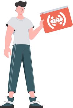A man holds an IoT logo in his hands. IOT and automation concept. Isolated. Vector illustration in trendy flat style.