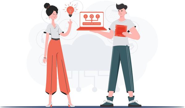 The girl and the guy are a team in the field of Internet of things. Internet of things concept. Good for websites and presentations. Vector illustration.