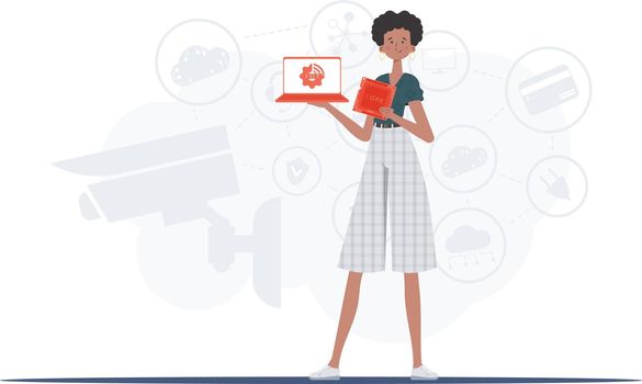 The girl is holding a laptop and a processor chip in her hands. Internet of things and automation concept. Vector.