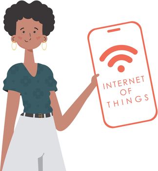 A woman holds a phone with the IoT logo in her hands. Internet of things and automation concept. Vector.