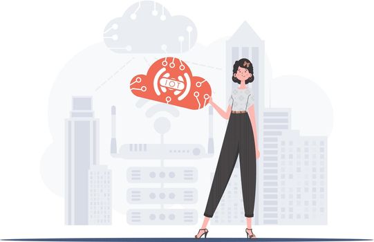 A woman is holding an internet thing icon in her hands. IOT and automation concept. Good for websites and presentations. Trendy flat style. Vector.