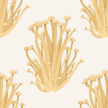 Vector Seamless Pattern with Enoki Mushroom on White. Seamless Texture, Hand Drawn Cartoon Enoki Mushrooms Bush. Design Template for Textile, Wall Paper. Flammulina Velutipes. Mushroom Print