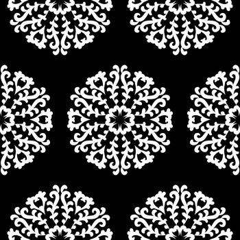 White round lace patterns on a black background.