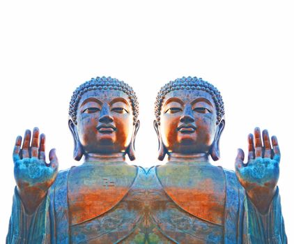 Buddhist god in an Abhaya mudra. An oxidized ancient statue of Lord Buddha with effect. Buddha figure holding up a right hand, a symbol of fearlessness and reassurance in a mirror effect.