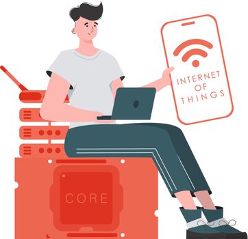 A man holds a phone with the IoT logo in his hands. Internet of things concept. Vector.