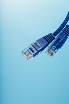 Ethernet Cable connector Patch cord cord close-up on a blue background with free space
