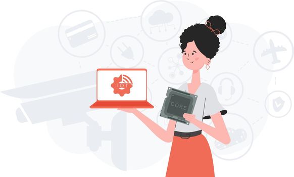 A woman holds a laptop and a processor chip in her hands. IOT and automation concept. Vector.
