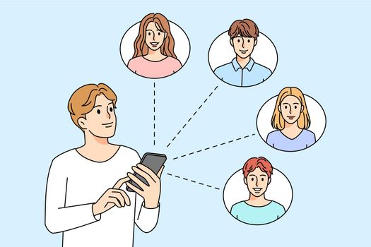 Young man communicate with people on cellphone online. Smiling guy text or chat on smartphone with friends. Web communication concept. Vector illustration.