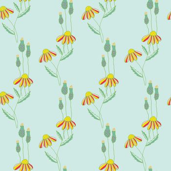 Chamomile on green background seamless vector pattern. Floral vector pattern. For fabric, wallpaper or packaging.
