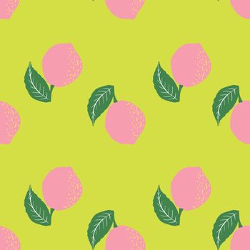 Pink lemons on lime background color, seamless pattern design