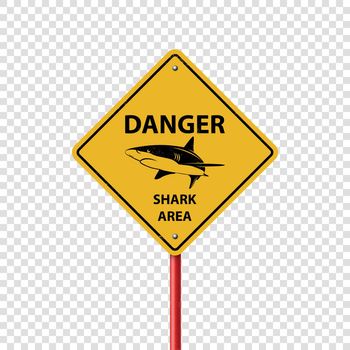 Vector Yellow Shark Sighting Sign Isolated. Shark Attack Warning. Danger for Surfing and Swimming. Shark Zone, Area, Caution
