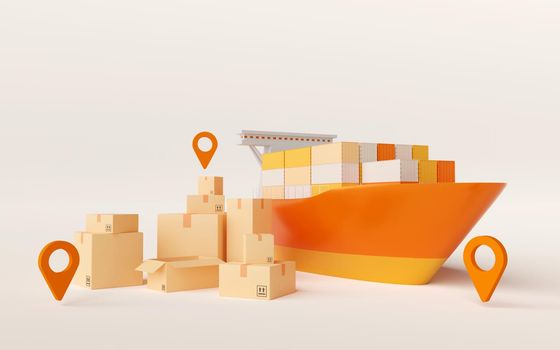 Global logistics, Cargo ship with parcel box, 3d illustration