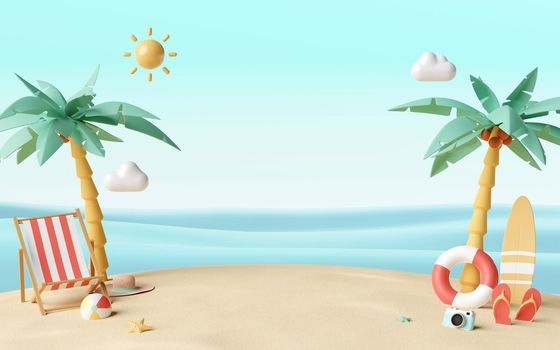 Summer vacation concept, Beach chairs and accessories under palm tree with copy space for product advertisement, 3d illustration