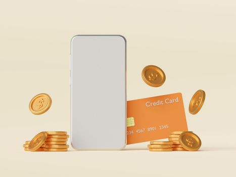 3d illustration of smartphone mockup with creditcard and dollar coin