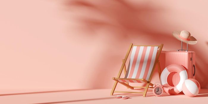 Summer vacation concept, Beach chair and travel accessories, minimal 3d illustration