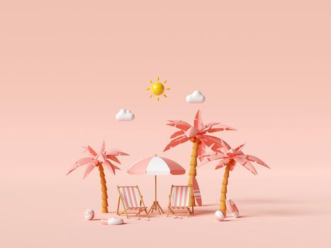 Summer vacation concept, Beach umbrella and beach accessories on pink background, 3d illustration