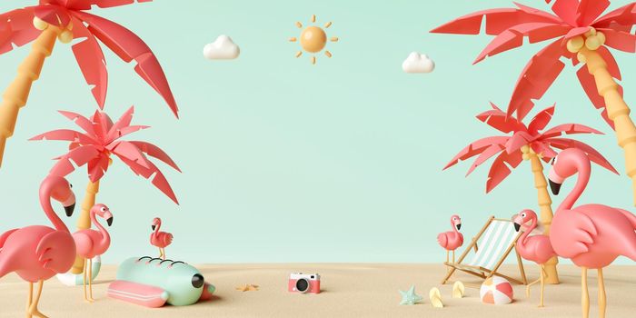Summer vacation concept, Flamingo, beach chairs and accessories under palm tree with copy space for text advertisement, 3d illustration