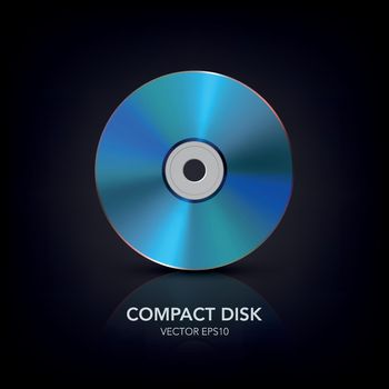 Vector 3d Realistic Blue CD, DVD on Black with Reflection. CD Design Template for Mockup, Copy Space. Compact Disk Icon, Front View