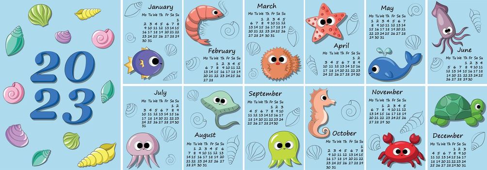 Calendar for 2023 with cute characters underwater animals