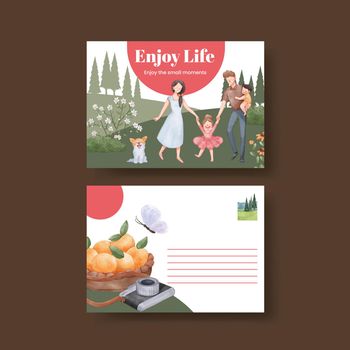 Postcard template with family fun day concept,watercolor style