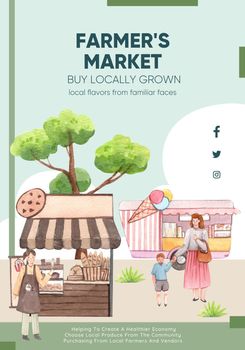 Poster template with farmer market concept,watercolor
