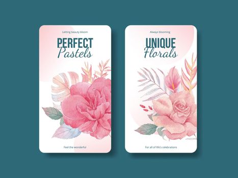 Instagram template with pastel tropical flower concept,watercolor style