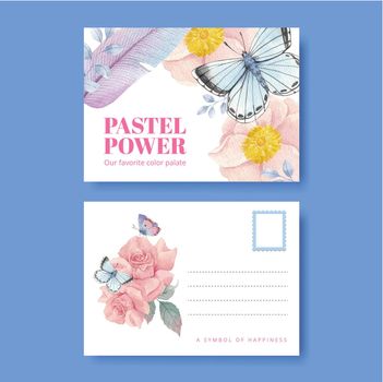 Postcard template with pastel tropical flower concept,watercolor style