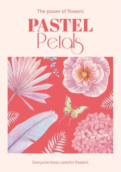 Poster template with pastel tropical flower concept,watercolor style