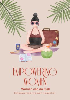Poster template with working woman traveler concept,watercolor style