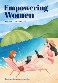 Poster template with working woman traveler concept,watercolor style
