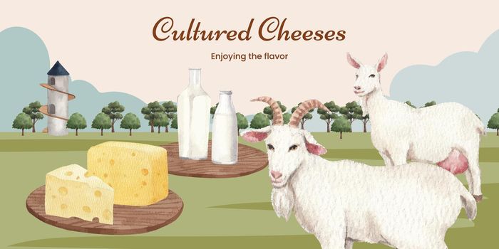 Blog header template with goat milk and cheese farm concept,watercolor style