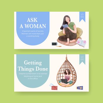 Twitter template with working woman traveler concept,watercolor style