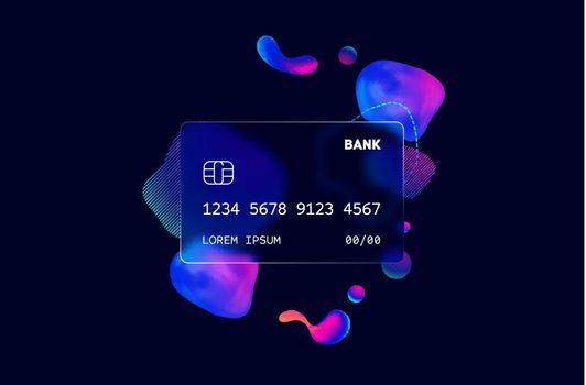 Glass morphism credit card template. Plastic rectangle of transparent plastic with blur effect. Liquid shapes morphism abstract art.