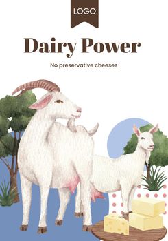 Poster template with goat milk and cheese farm concept,watercolor style