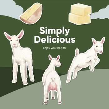 Sticker template with goat milk and cheese farm concept,watercolor style