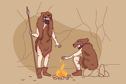 Cavemen setting fire in nature