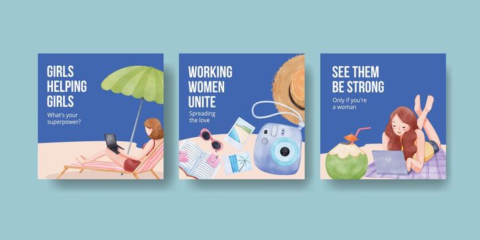 Banner template with working woman traveler concept,watercolor style
