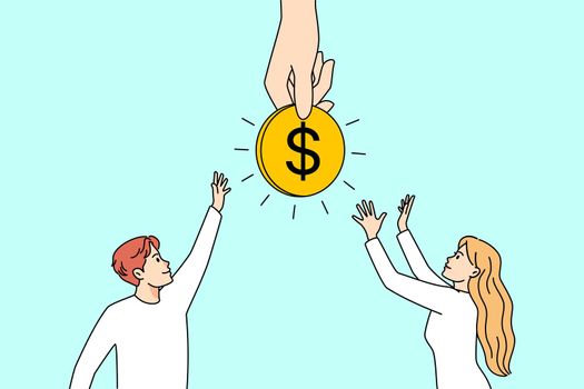 Huge hand holding coin, people jump for money. Desperate man and women strive for money investment or bonus. Vector illustration.