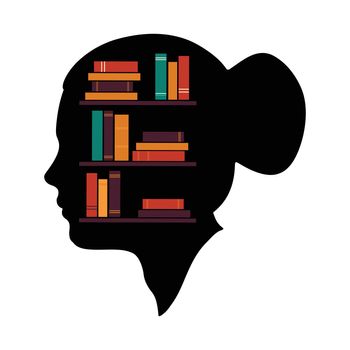 The brain is full of knowledge, Books library in head shape. Library bookshelves flat vector illustration.