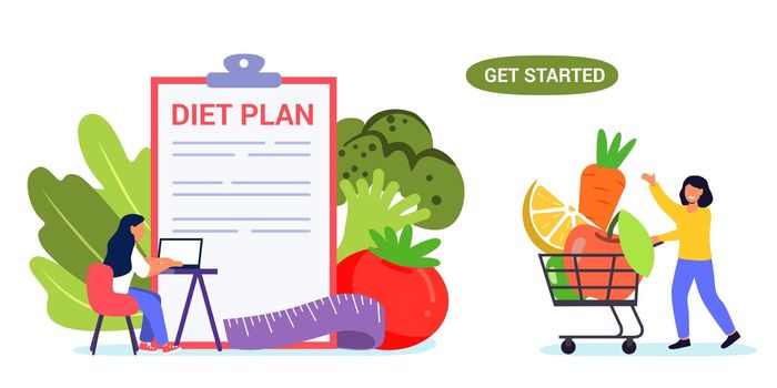 Diet plan vector website template Tiny people nutritionist