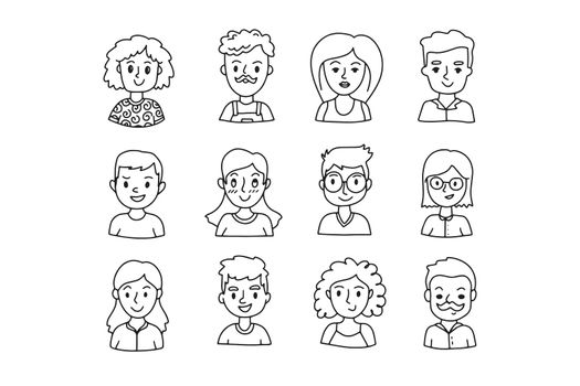 Faces outline doodle people set. Human Avatars Collection. Drawing Old and young age.