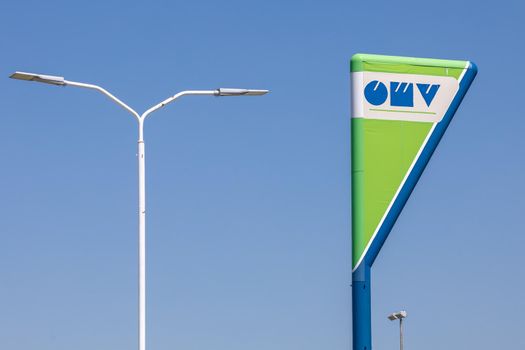 Logo and sign of OMV on gas station near Lazarevac, Serbia