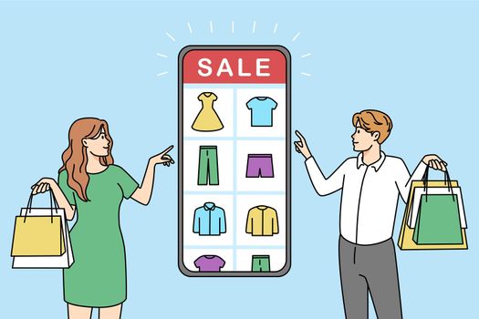 Man and woman shopping online on smartphone on sale. People buy order on internet using mobile phone application. Special offer concept. Vector illustration.