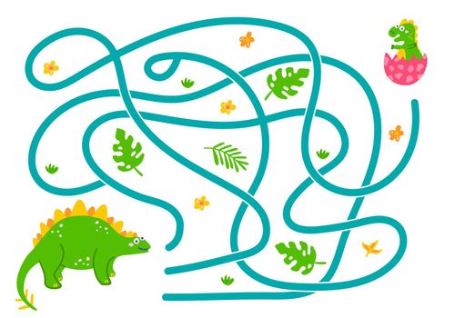 Labyrinth, help the dinosaur find the right way to the baby. Logical quest for children. Cute illustration for childrens books, educational game