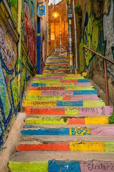 Colorful steps in the UNESCO World Heritage city of Valparaiso in Chile