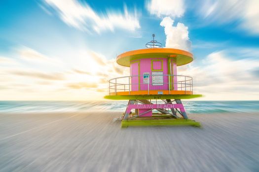 Lifeguard hut on the beach in Miami Florida with motion blur effect