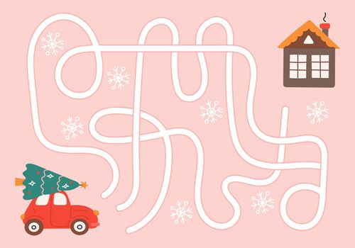 Labyrinth, help the car with the Christmas tree to find the right way to the house. Logical quest for children. Cute illustration for childrens books, educational game