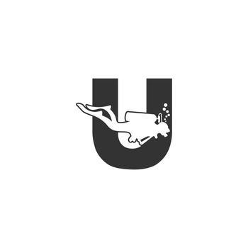Letter U and someone scuba, diving icon illustration