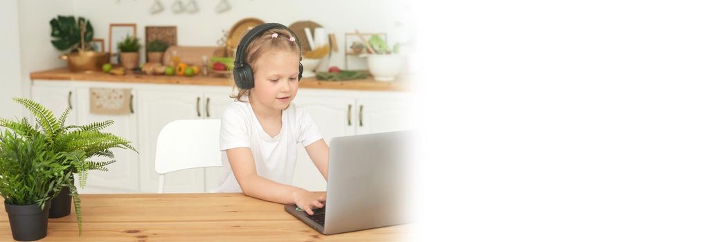 Online education for children. Schoolgirl watching online lesson via videoconference by laptop video chat from home. Web banner.