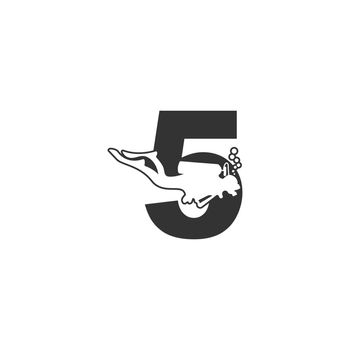 Number 5 and someone scuba, diving icon illustration